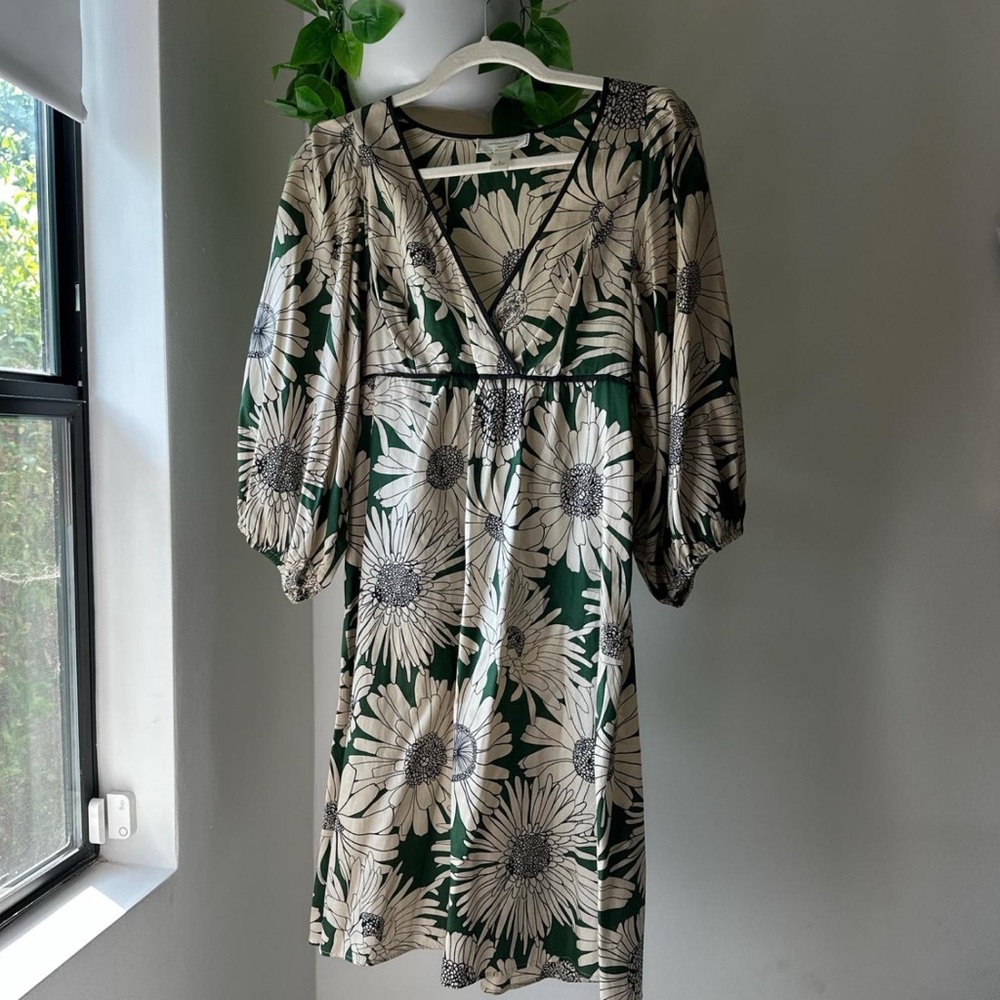 Anthropologie Moulinette Soeurs Green and White Dress with Bishop Sleeves